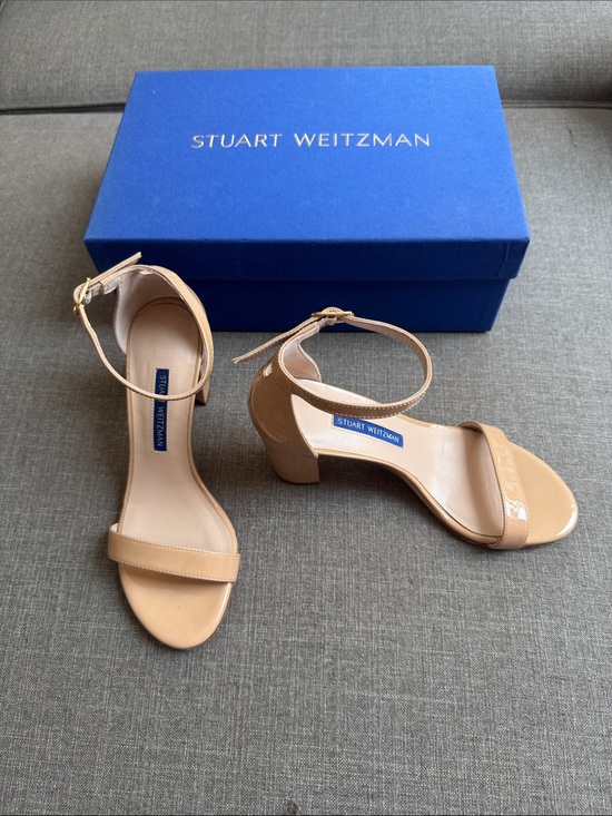 Stuart Weitzman Shoes - Stuart Weitzman NearlyNude Nudist Ankle Strap Sandal Block Heel 5.5 Adobe Patent